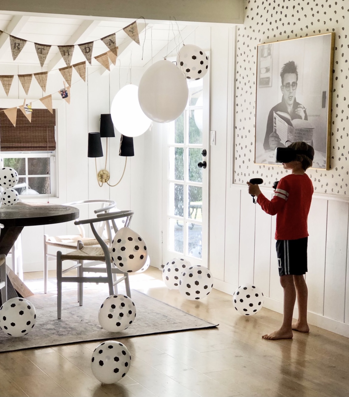 Budget friendly decorating staples, party decor ideas, birthday decor ideas, holiday decor ideas, burlap banner, latex balloons on ceiling, shiplap walls, swiss coffee white paint, polka dot ceiling, vaulted ceiling, shiplap ceiling, party decor ideas