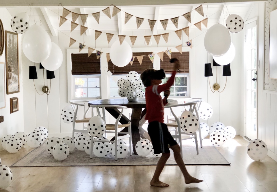 Budget friendly decorating staples, party decor ideas, birthday decor ideas, holiday decor ideas, burlap banner, latex balloons on ceiling, shiplap walls, swiss coffee white paint, polka dot ceiling, vaulted ceiling, shiplap ceiling, party decor ideas, soccer birthday, soccer decor