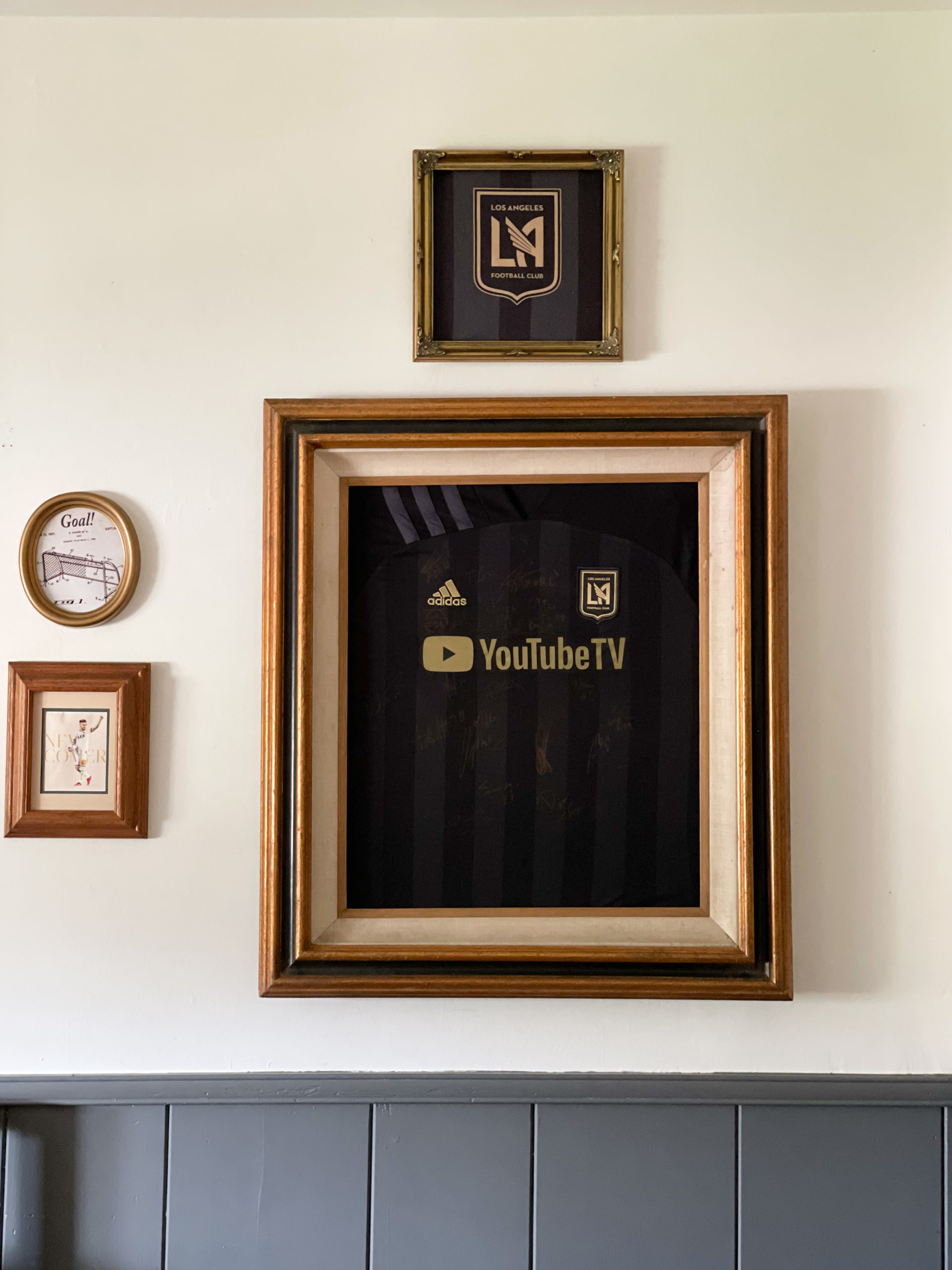 DIY framed jersey/t-shirt using a thrifted frame, LAFC jersey, framed LAFC jersey, soccer themed kid's room