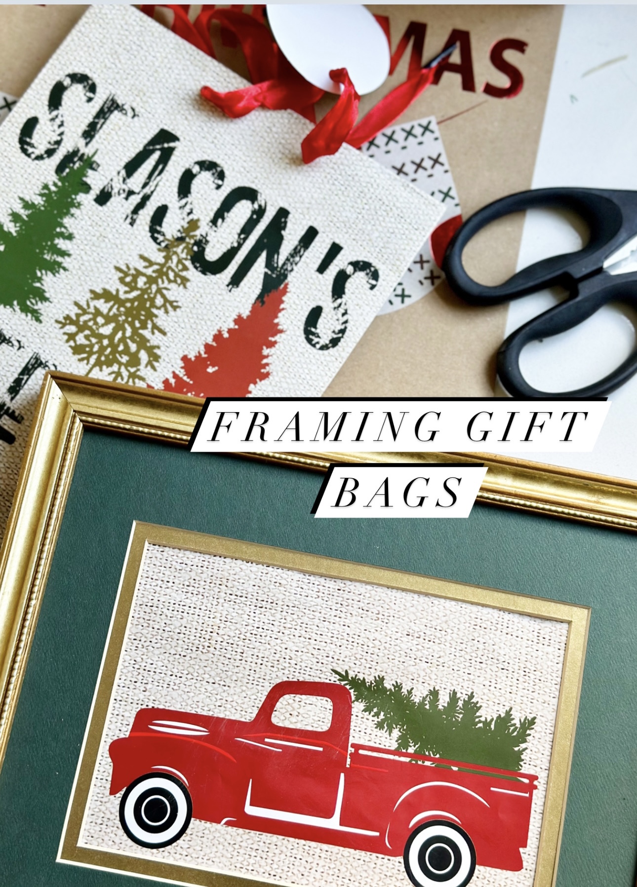 easy and budget friendly ways to decorate for christmas, decorating with bows, decorating art for christmas, christmas decor ideas, bows on frames, decorating art for christmas, christmas diy, framed gift bags, framing christmas gift bags